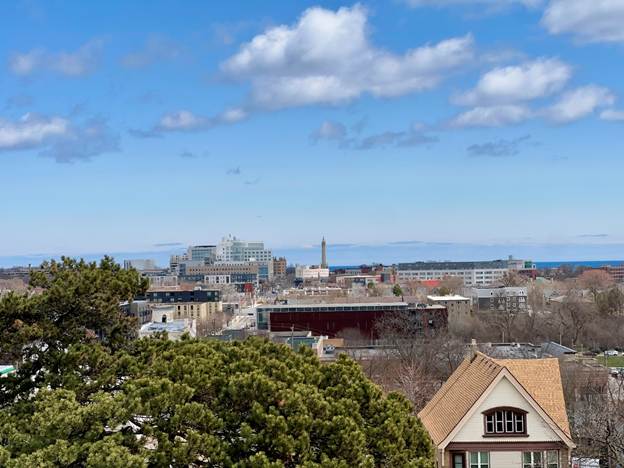 Birds-eye view from atop Kilbourn Reservoir Park facing Lake Michigan